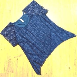 Ashley Blue Navy Blue Tunic Crochet Short Cap Sleeve Pullover Top Blouse XL 1X